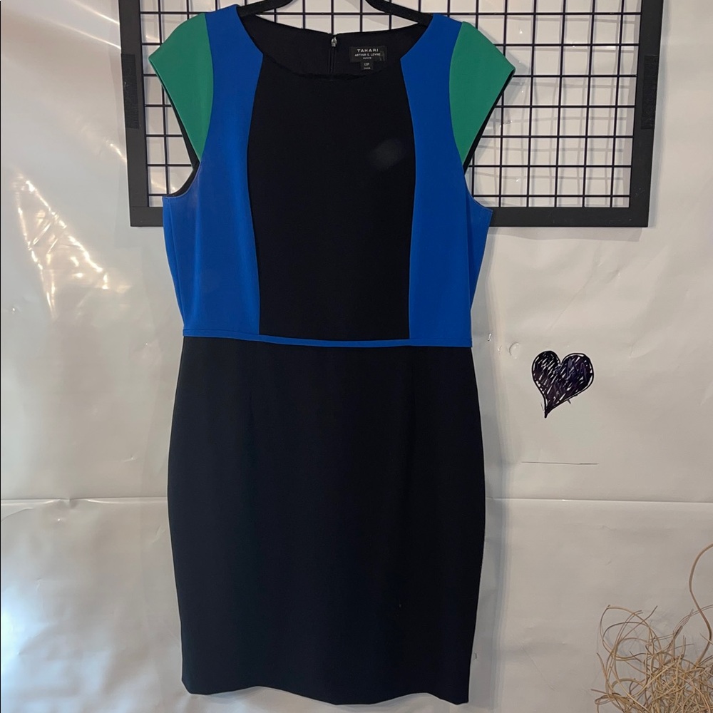 Tahari Black Dress with Blue and Green Panels